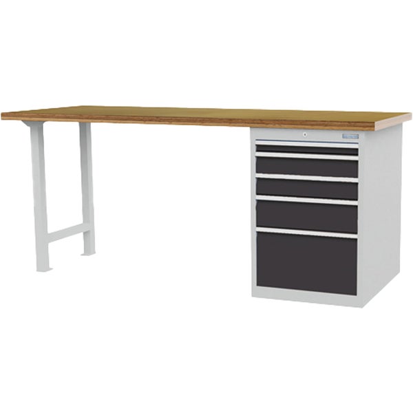 Werkbank mit Holzplatte, lichtgrauem Metallgestell links und anthrazitfarbenem Schubladenschrank mit fünf Schubladen rechts.