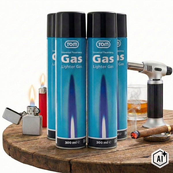 Vier Dosen TOM Universal Feuerzeuggas mit 300 Milliliter Inhalt, platziert auf einem Holztisch mit Feuerzeugen, Gasbrenner und Zigarre.