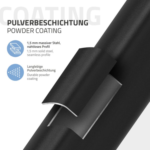 Infografik zeigt Stahlprofil mit 1,5 Millimeter Wandstärke und langlebiger Pulverbeschichtung.