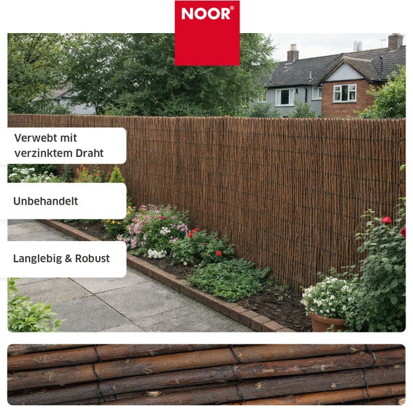 Noor Logo, Sichtschutzmatte aus Weidenholz mit verzinktem Draht verwebt, unbehandelt, langlebig und robust als Gartenbegrenzung.