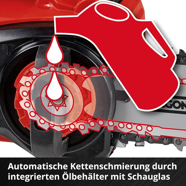 Symbol für automatische Kettenschmierung durch integrierten Ölbehälter mit Schauglas an einer Kettensäge.