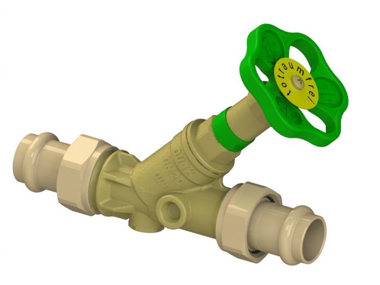 Schrägsitzventil aus Messing mit beidseitigem Pressanschluss, Nennweite DN 20, totraumfrei mit grünem Handrad.