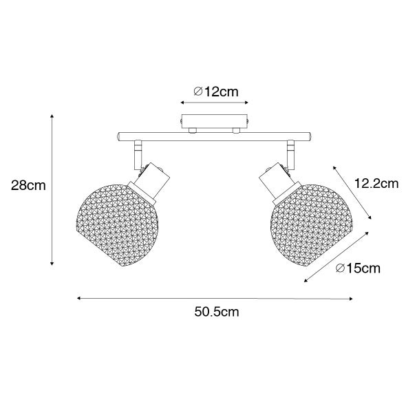 Dimensionsdarstellung einer Deckenleuchte mit zwei Strahlern, Maße: 28 cm Höhe, 50,5 cm Breite, Strahlerdurchmesser 15 cm