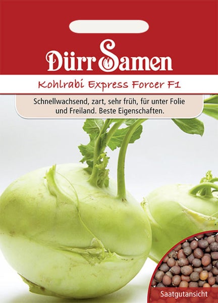 Samentüte für Kohlrabi Express Forcer F1 von Dürr Samen. Schnellwachsende, frühe Sorte für Freiland und unter Folie. Dürr Samen Logo.