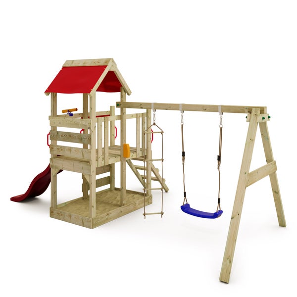 WICKEY Spielturm Klettergerüst TurboFlyer mit Schaukel und Rutsche, Kletterturm mit Sandkasten, Leiter und Spiel-Zubehör - rot