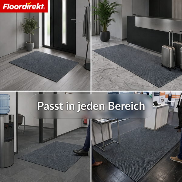 Floordirekt Logo. Schmutzfangmatte in verschiedenen Bereichen wie Eingangsbereich, Empfang, Büro und Messestand.