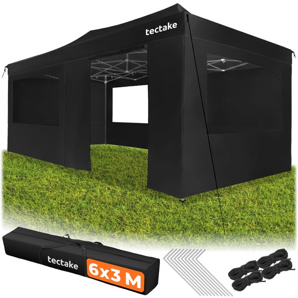 tectake Faltpavillon 6 mal 3 Meter in Schwarz auf Rasen, inklusive Transporttasche, Heringen und Spannseilen.