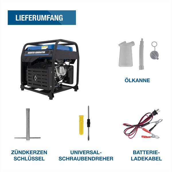 Lieferumfang eines Inverter Generators mit Ölkanne, Zündkerzenschlüssel, Universal Schraubendreher und Batterieladekabel