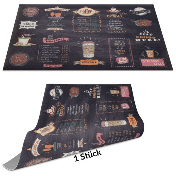 Bodenmatte mit Kreidetafel-Design und Kaffeemotiven wie Menüs, Tassen und Desserts.