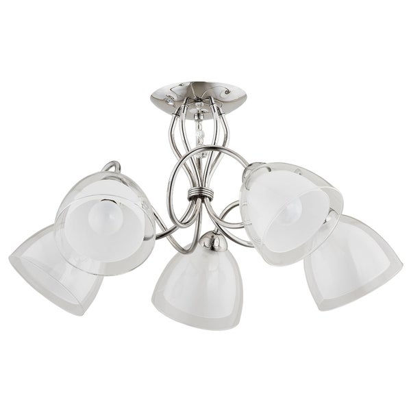 Fünfflammige Deckenleuchte aus Metall mit geschwungenen Armen und glockenförmigen Glasschirmen für ein elegantes Lichtdesign.