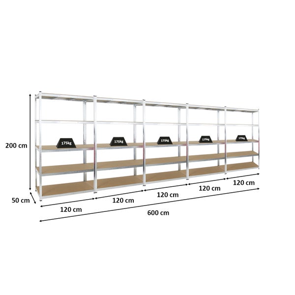 PROREGAL Mega Deal 5x Schwerlastregal Giant Ragnar HxBxT 200 x 120 x 50 cm Fachlast 175 kg Verzinkt