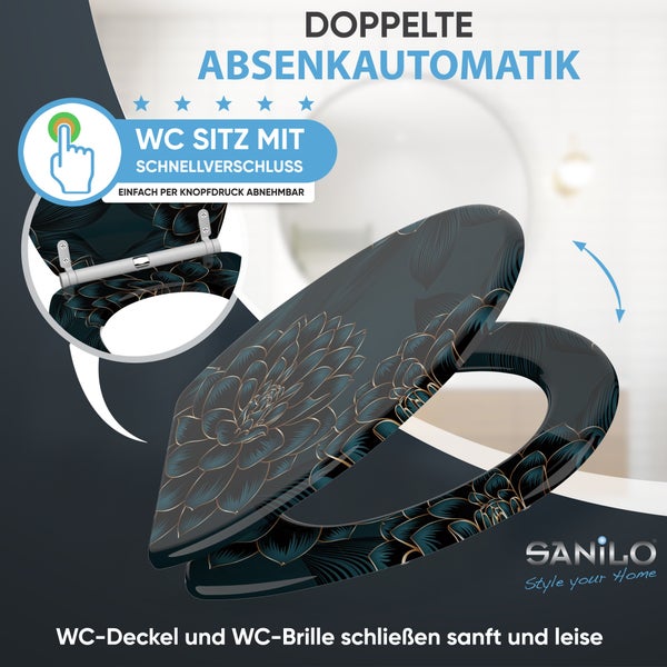 Sanilo WC-Sitz mit floralem Muster, doppelter Absenkautomatik und Schnellverschluss per Knopfdruck.