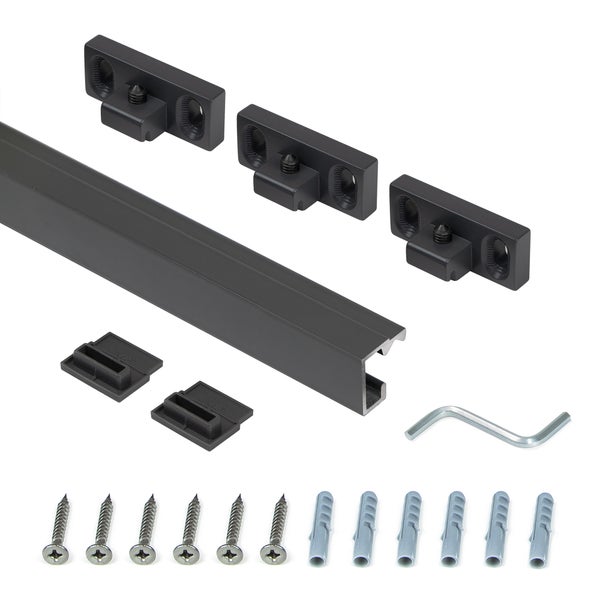 Montageschienen-Set von Emuca mit grauem Profil, schwarzen Halterungen, Endkappen, Sechskantschlüssel, Schrauben und Dübeln.