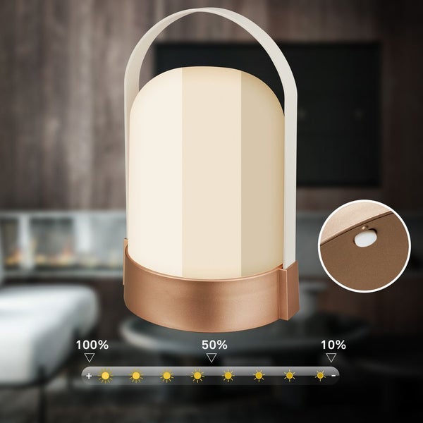 Tragbare LED-Tischleuchte mit Tragebügel und Dimmfunktion in drei Stufen: 100 Prozent, 50 Prozent und 10 Prozent.
