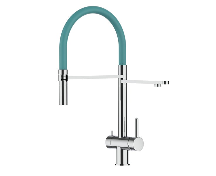 3 Wege Wasserhahn Küchenarmatur, Edelstahl Massiv mit 360° schwenkbarem Auslauf, abnehmbare 2 strahl Handbrause, Hochglanz / Türkis
