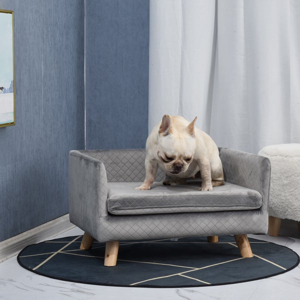 PawHut Hundesofa mit Holzbeinen Hundebett Haustiersofa Hundematte für kleine Hunde bis zu 8 kg Samt-Touch Grau 64 x 45 x 36 cm