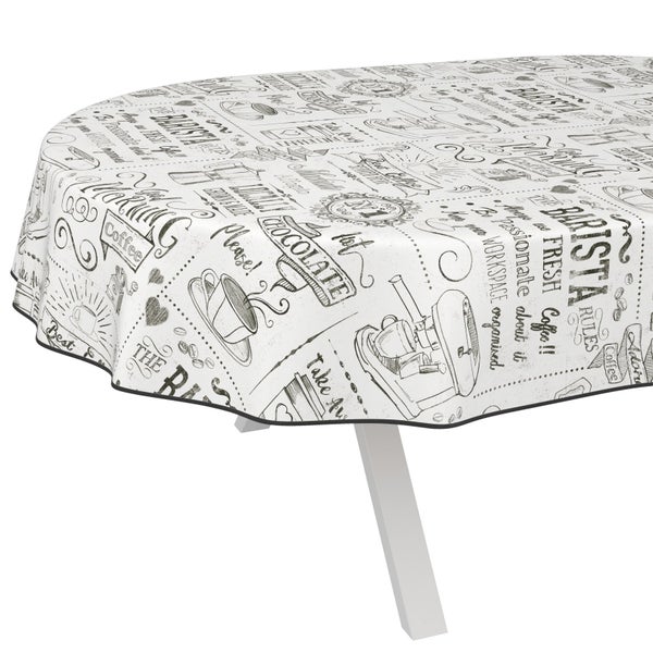 Tischdecke mit Kaffeemotiv auf einem Tisch