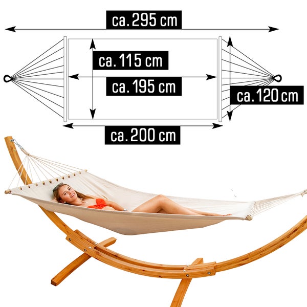 AMANKA XXL Hängematte mit Gestell - 325 cm Hängemattengestell Outdoor Holz - Hängematte Beige Outdoor Stabhängematte mit Gestell -  Hängematte für 2 - Hängematten Ständer Holz Hängematte Zwei Personen