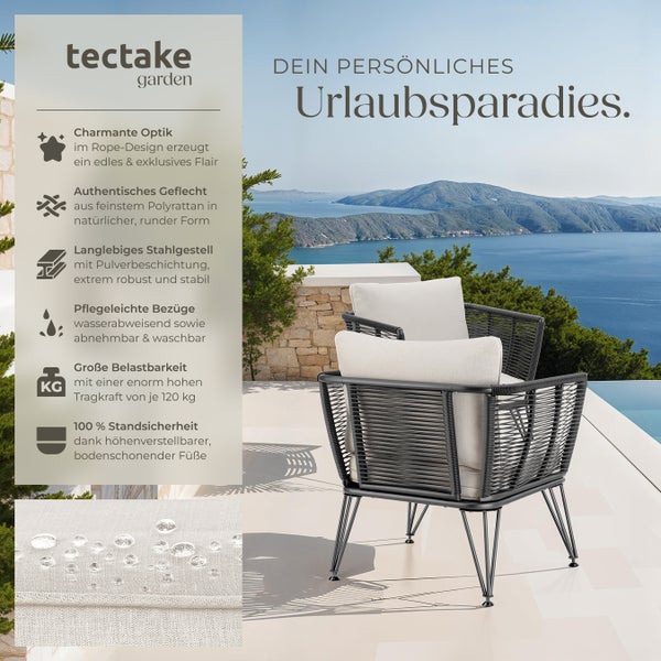 Garten-Loungesessel  tectake Sundo 75,5 x 67 x 71 cm rundes Polyrattan im Rope-Design anthrazit
