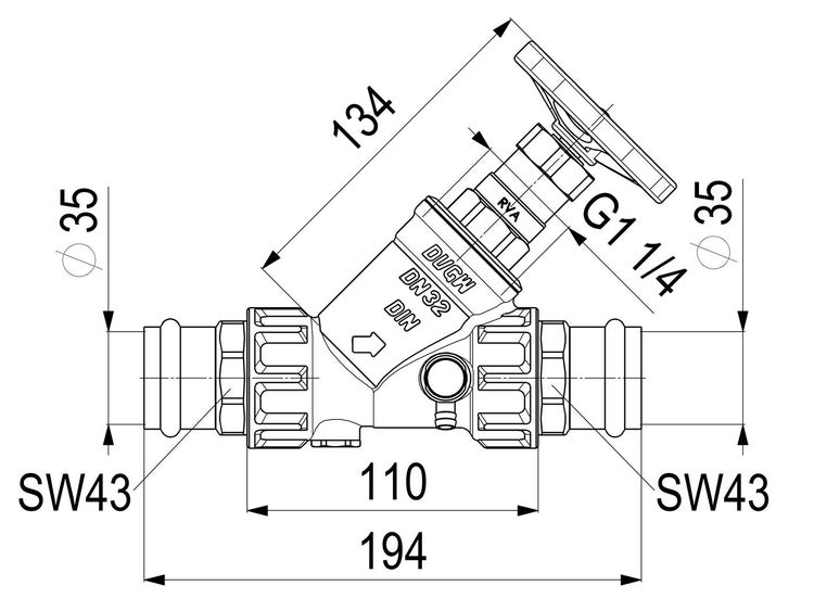 Technische Maßzeichnung eines Schrägsitzventils DN 32 mit Gewinde G 1 1/4 Zoll und Schlüsselweite 43.