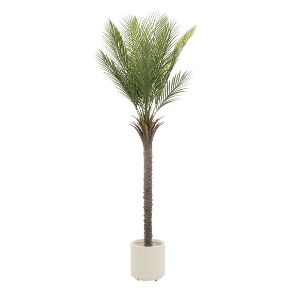 Künstliche Palme mit grünen Wedeln und strukturiertem Stamm in einem zylindrischen Topf.