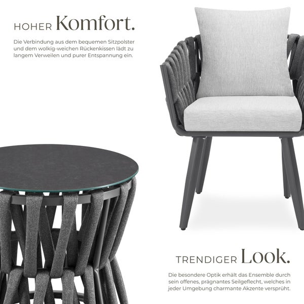 Gartensitzgruppe mit Sessel und Tisch mit Glasplatte und Seilgeflecht