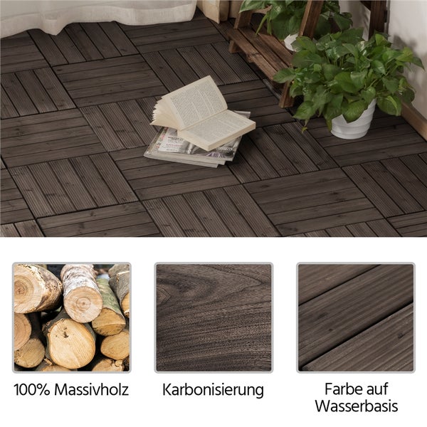 Terrasse mit Holzfliesen, mit karbonisierter Oberfläche und Farbe auf Wasserbasis, aus Massivholz.