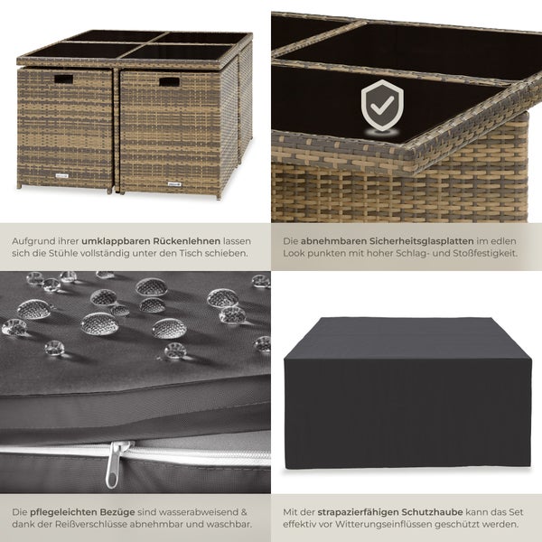 Rattan Sitzgruppe tectake Manhattan 2 Bezugssets, zusammenschiebbar, inklusive Schutzhülle mit Aluminiumgestell natur