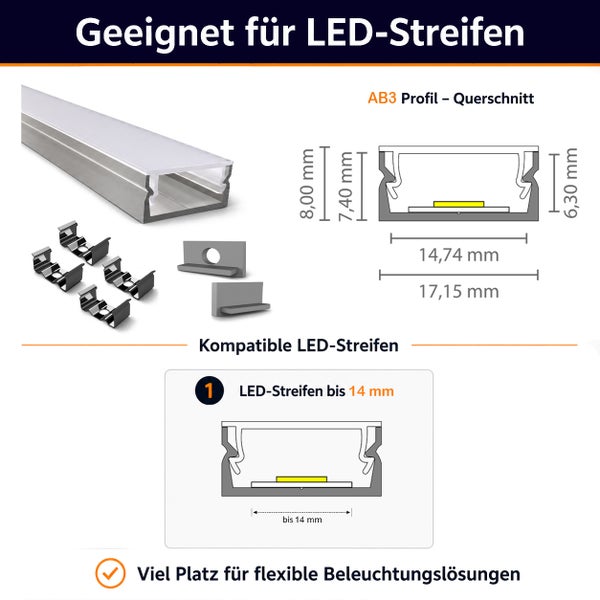 Aluminium LED Profil AB3 für LED Streifen bis 14 Millimeter Breite inklusive Montageclips und Endkappen mit Maßzeichnung und Querschnittsansicht