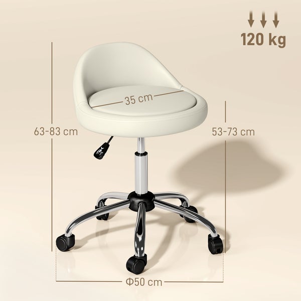 Hocker mit Rollen, Sitzdurchmesser 35 cm, Höhe 63 bis 83 cm, Belastbarkeit 120 kg