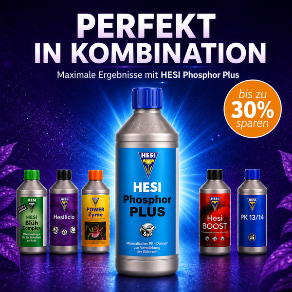 Eine Auswahl an Hesi Pflanzendüngern und Boostern für verschiedene Wachstumsphasen mit Fokus auf Hesi Phosphor Plus für die Blütezeit.