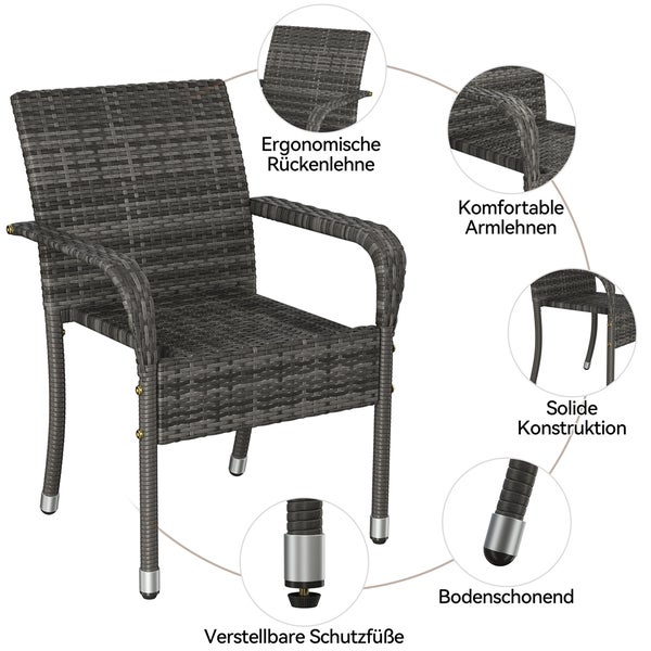 Polyrattan Gartenstuhl mit ergonomischer Rückenlehne, Armlehnen und höhenverstellbaren, bodenschonenden Standfüßen.