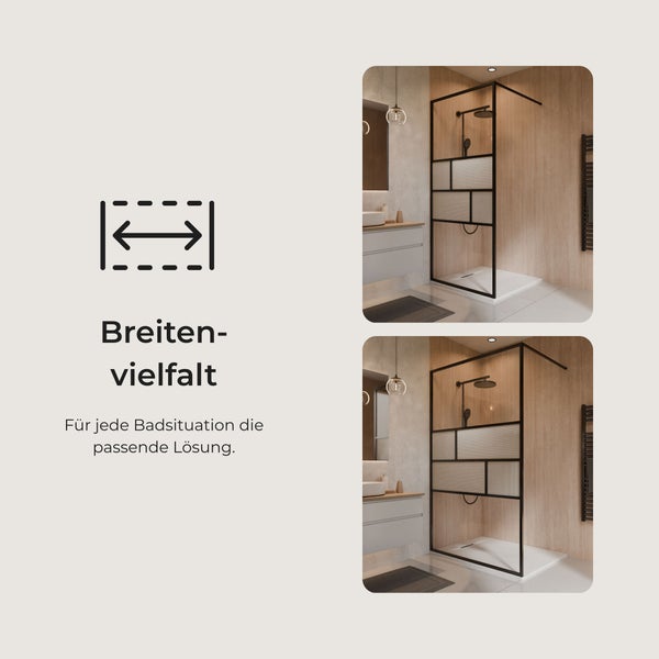 Symbol für Breitenvielfalt und zwei Ansichten einer Walk-In Dusche mit schwarzem Rahmen und Strukturglas in einem modernen Badezimmer.
