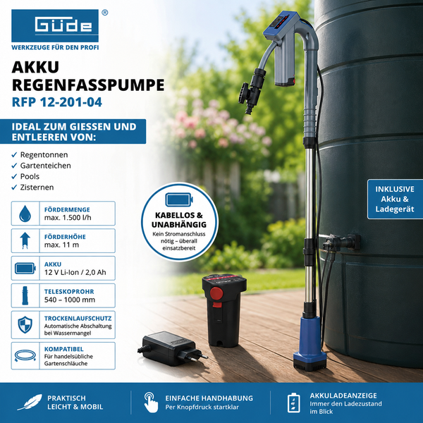 Güde Logo. Akku-Regenfasspumpe RFP 12-201-04 mit Teleskoprohr, Akku, Ladegerät und Infografiken zu technischen Daten.