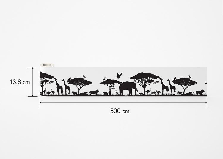 Tapetenbordüre mit Safari-Motiv, Silhouetten von afrikanischen Tieren, Maße 13,8 Zentimeter mal 500 Zentimeter.