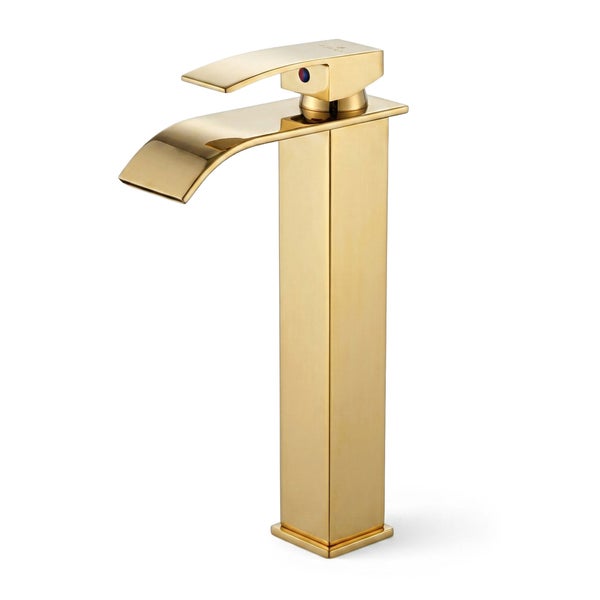 Hohe Waschtischarmatur in Gold-Optik mit Schwallauslauf und quadratischem Gehäuse.