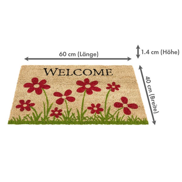 Fußmatte aus Kokosfaser mit Blumenmotiv, Größe 60 x 40 cm