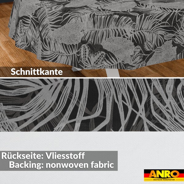 Wachstuch-Tischdecke mit botanischem Blattmuster, Vliesstoff-Rückseite und Detail der Schnittkante. ANRO Logo.