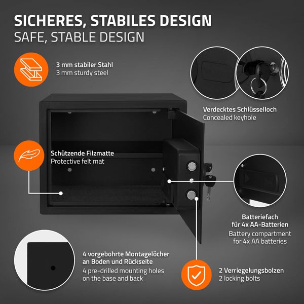 ECD Germany Safe Tresor 27L 38x30x29,5cm, stabiler Stahl, Wandtresor mit Sensorlicht & Digitale Tastatur für Schmuck Bargeld Dokumente, Elektronischer Möbeltresor Geldkassette mit PIN-Code, Schlüssel