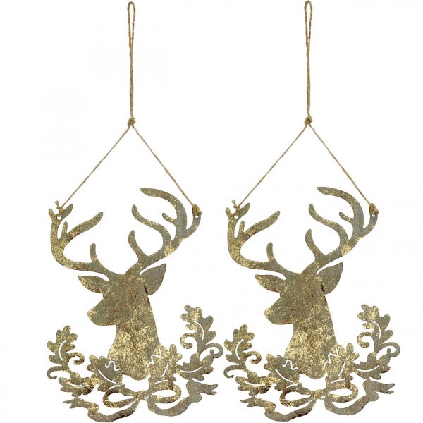 Zwei Dekohänger in Form eines Hirschkopfes mit Geweih und floralen Elementen