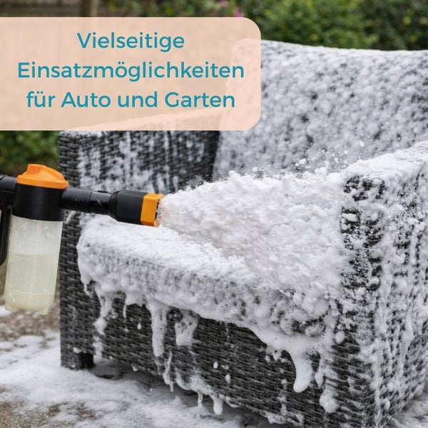 Reinigung eines Korbsessels mit Schaumreiniger für Auto und Garten