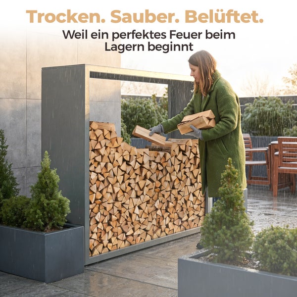 Frau stapelt Brennholz in ein modernes Kaminholzregal aus Metall auf einer Terrasse.