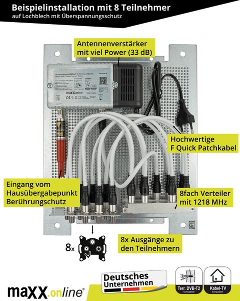 Installationsbeispiel mit Antennenverstärker, F-Quick Patchkabeln und Verteiler auf einer Lochblechplatte mit Überspannungsschutz von maxx online
