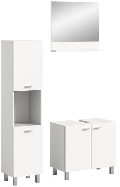 Weißes Badezimmermöbel-Set bestehend aus Hochschrank, Waschbeckenunterschrank und Spiegel mit Ablage.
