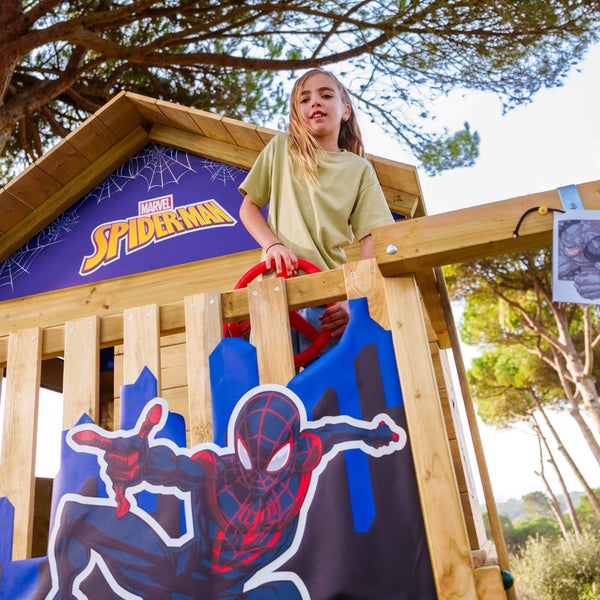 WICKEY Spielturm Marvel Spider-Man Saga mit Rutsche, Picknicktisch, Kletteranbau und Doppelschaukel