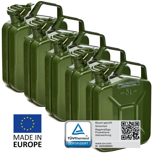 BW® Kraftstoffkanister Metall Benzinkanister 5x 5 Liter - Olivgrün - RAL 6003 - TÜV-geprüft und UN-Zulassung - Made in Europe