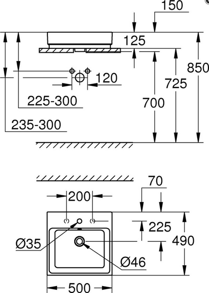 Technische Maßzeichnung eines Waschbeckens mit Aufsatzbecken und Montagehinweisen in Millimetern.