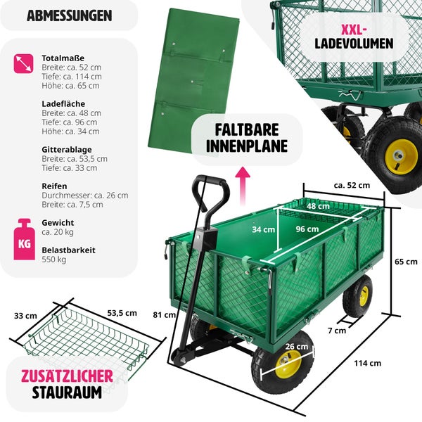 Bollerwagen tectake  Belastbarkeit 550 kg mit klappbaren Seitenwänden grün