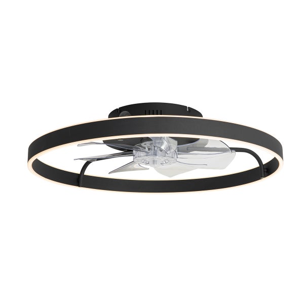 Moderner Deckenventilator mit integriertem LED-Lichtring, schwarzes Metallgehäuse und transparente Kunststoffflügel.