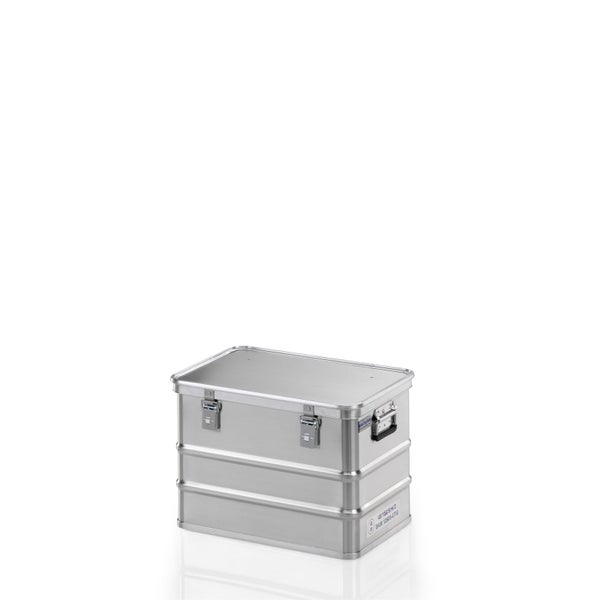 Aluminiumbox mit Deckel, zwei Hebelverschlüssen und seitlichem Tragegriff.